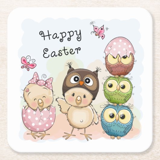Happy Oaster Niedlich Owl Chicks | Urlaub Rechteckiger Pappuntersetzer (Vorderseite)
