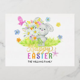 Happy Oaster Niedlich Rabbit Bouquet Frühlingsblum Folien Feiertagspostkarte