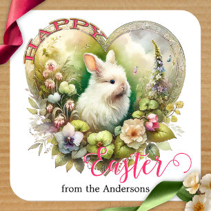 Happy Oaster Niedlich Watercolor Bunny Floral Quadratischer Aufkleber