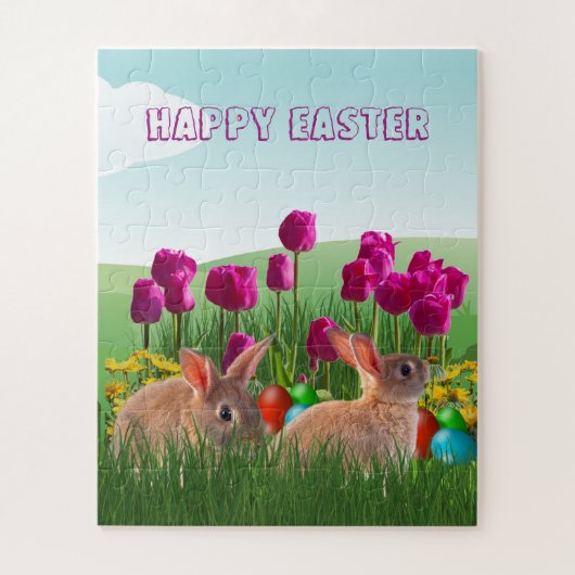 Happy Oaster Niedliche Rabbit Tulips und farbige E Puzzle (Vertikal)