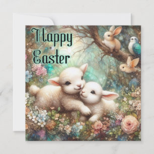 Happy Oaster Niedlichen Vintagen Bunny und Lamm Os Feiertagskarte