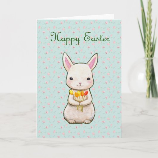 Happy Oaster Niedliches Weißes Bunny mit Blume Frü Karte (Vorderseite)