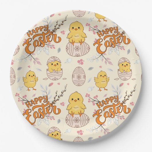 Happy Oaster Paper Plate - Niedliche Chicks & Eier Pappteller (Vorderseite)
