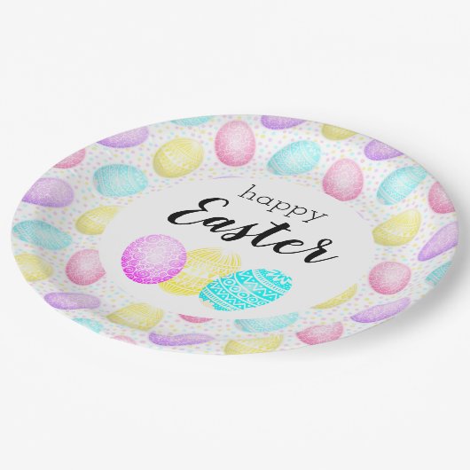 Happy Oaster Pastel Egg Muster Pappteller (Schrägansicht)