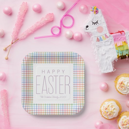 Happy Oaster pastel karierte, anpassbare Feder Pappteller (Party)