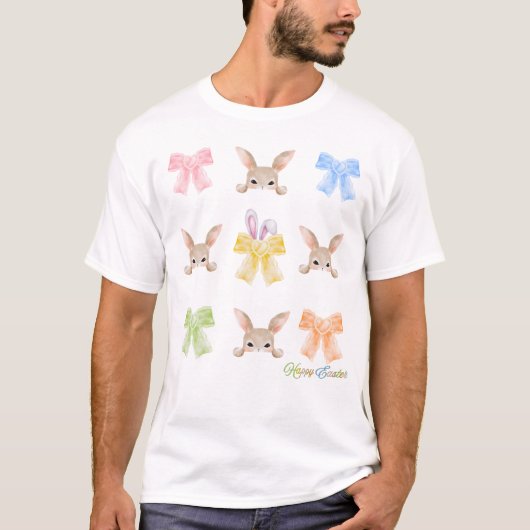 Happy Oaster Pastellfarben Coquette Bow und Bunny T-Shirt (Vorderseite)