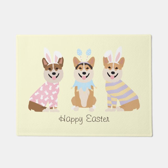Happy Oaster Pembroke Welsh Corgi Dogs Fußmatte (Vorderseite)