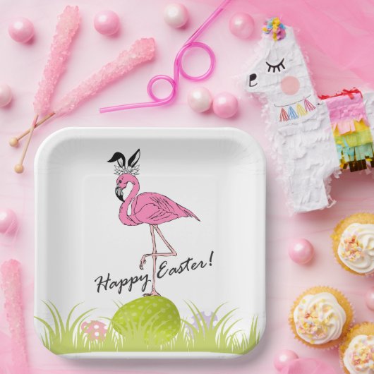 Happy Oaster Pink Flamingo Bunny Ears und Eier Pappteller (Party)
