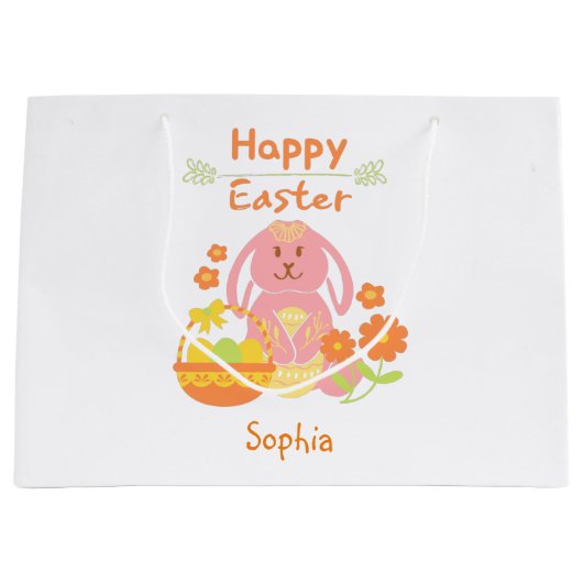 Happy Oaster Pink Rabbit und Blume Große Geschenktüte (Vorderseite)