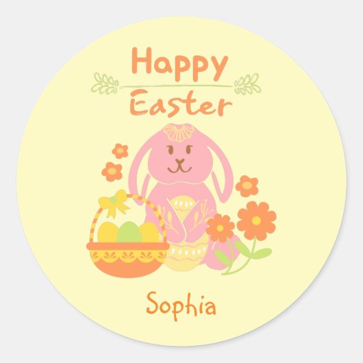 Happy Oaster Pink Rabbit und Blume Runder Aufkleber (Vorderseite)