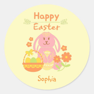 Happy Oaster Pink Rabbit und Blume Runder Aufkleber