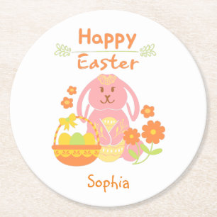 Happy Oaster Pink Rabbit und Blume Runder Pappuntersetzer