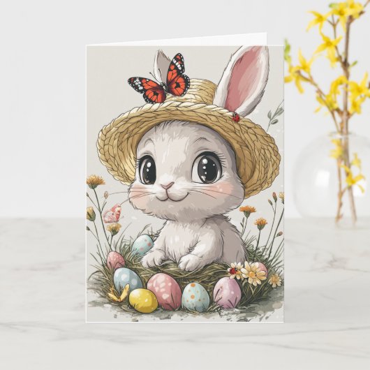 Happy Oaster Rabbit Eggs Ladybug Butterflies Karte (Gelbe Blume)