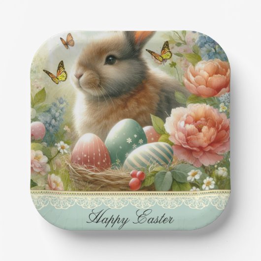 Happy Oaster Retro Bunny Rabbit Papierplatte Pappteller (Vorderseite)