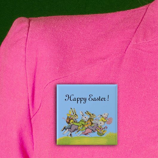 Happy Oaster Running Pastel Rabbits Button