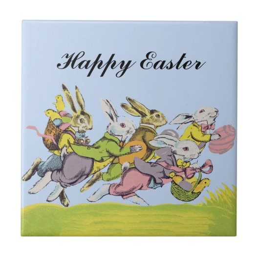 Happy Oaster Running Pastel Rabbits Fliese (Vorderseite)