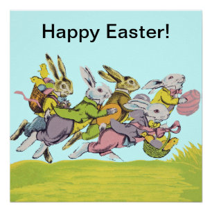 Happy Oaster Running Pastel Rabbits Poster
