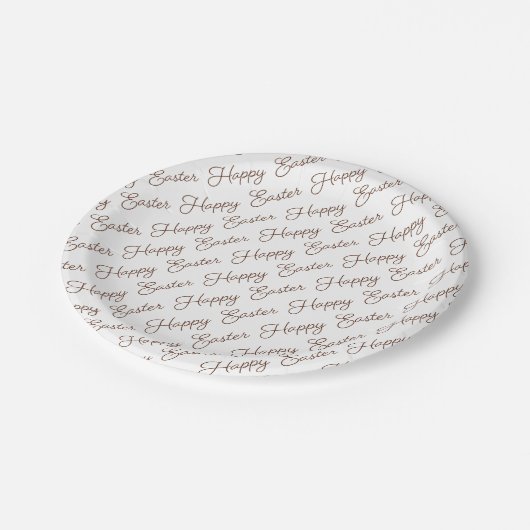 Happy Oaster Script Brown on White Paper Plate Pappteller (Schrägansicht)