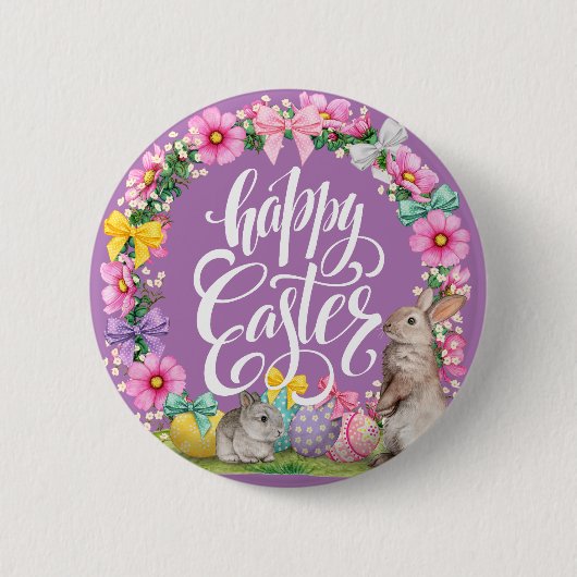 Happy Oaster Script Floral Lavender Ostersonne Button (Vorderseite)