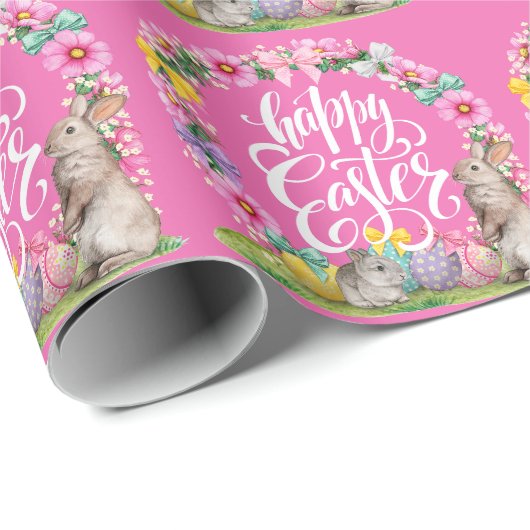 Happy Oaster Script floral Pink Oster Bunny Egg Geschenkpapier (Rolleneckpunkt)