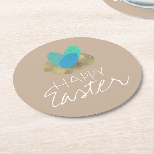 Happy Oaster Speckled Egg Osternest Party Runder Pappuntersetzer (Angewinkelt)