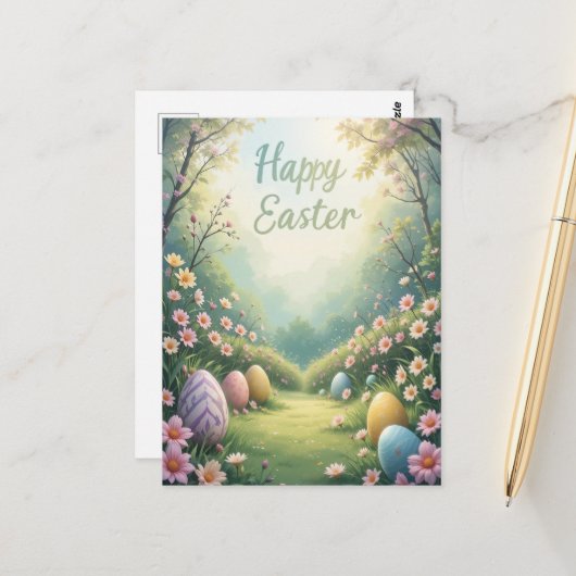 Happy Oaster Spring Blumen und Eier Gruß Postkarte (Vorderseite/Rückseite Beispiel)