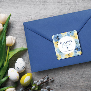 Happy Oaster Spring Blumenkreuz Religious Blue Quadratischer Aufkleber