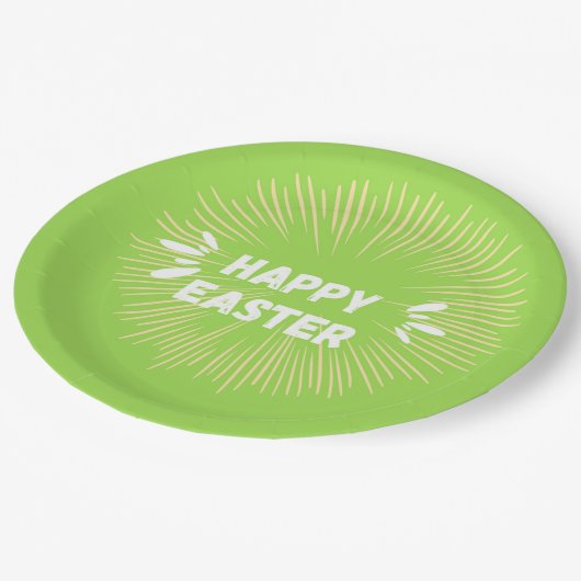 Happy Oaster Text auf grün Pappteller (Schrägansicht)