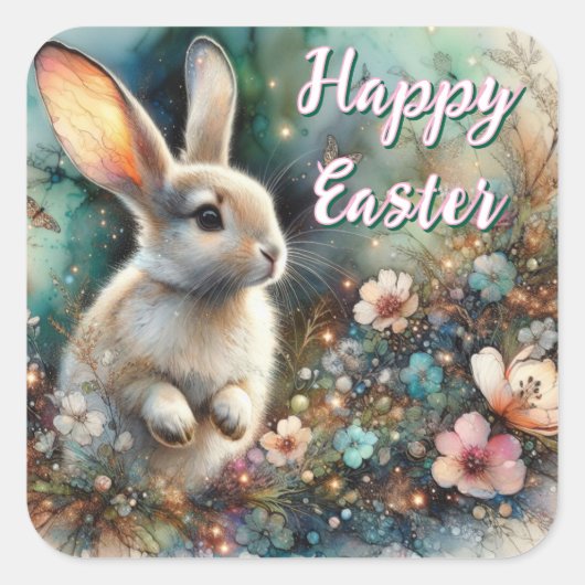 Happy Oaster Watercolor Woodland Bunny Quadratischer Aufkleber (Vorderseite)