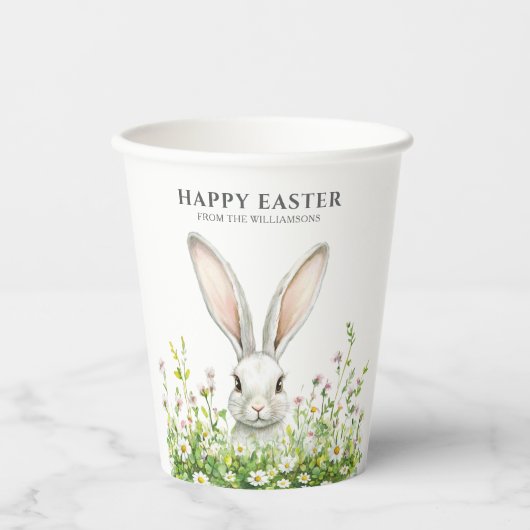 Happy Oaster White Bunny Florals Personalisiert Pappbecher (Vorderseite)
