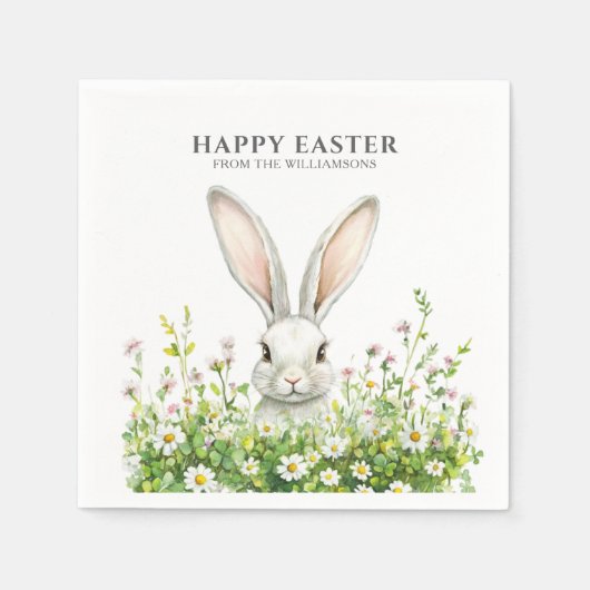 Happy Oaster White Bunny Florals Personalisiert Serviette (Vorderseite)