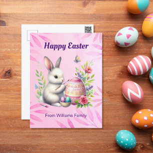 Happy Oaster, White Bunny Painting a Osteregg Feiertagspostkarte