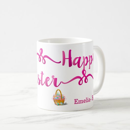 Happy Oaster White Bunny Pink Script Personalisier Kaffeetasse (VorderseiteRechts)