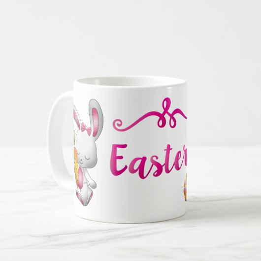 Happy Oaster White Bunny Pink Script Personalisier Kaffeetasse (Vorderseite Links)