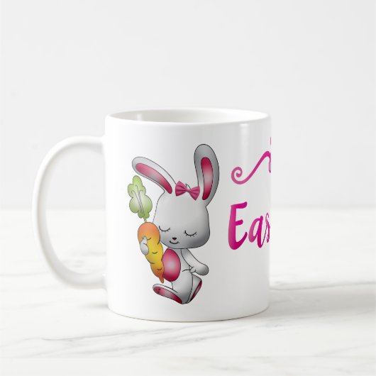 Happy Oaster White Bunny Pink Script Personalisier Kaffeetasse (Links)