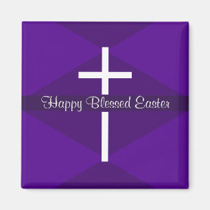 Happy Oaster White Cross Lila Christlich Magnet