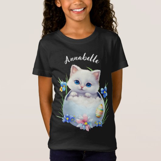 Happy Oaster White Kitten mit Blume T-Shirt (Vorderseite)