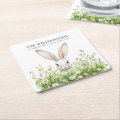 Happy Oaster White Rabbit Florals Personalisiert Rechteckiger Pappuntersetzer (angewinkelt)