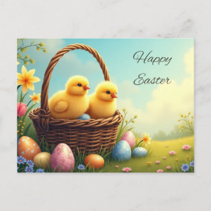 Happy Oaster Yellow Chicks in Wicker Basket Feiertagspostkarte