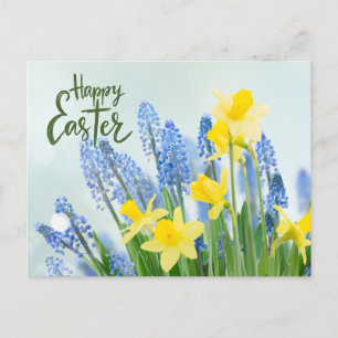 Happy Oaster Yellow Daffodils und Blue Blumen Postkarte