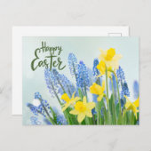 Happy Oaster Yellow Daffodils und Blue Blumen Postkarte (Vorne/Hinten)