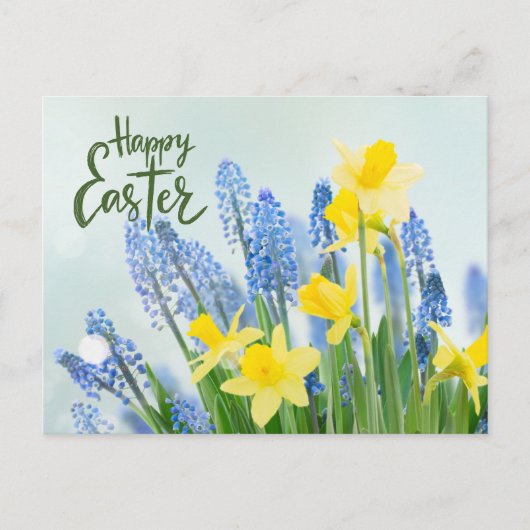 Happy Oaster Yellow Daffodils und Blue Blumen Postkarte (Vorderseite)