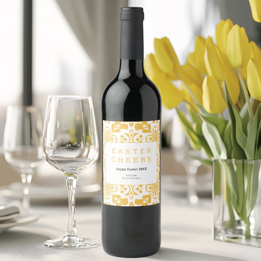 Happy Oaster Yellow Floral Pattern Elegant Moderne Weinetikett