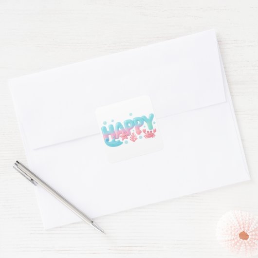 Happy Ocean Pastel Glossy Text Quadratischer Aufkleber (Umschlag)