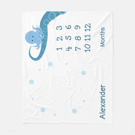 Happy Octopus White Blue Name Tiermeilenstein Fleecedecke (Vorderseite)