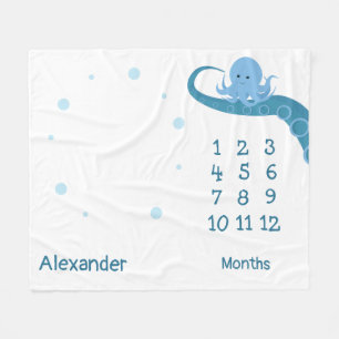 Happy Octopus White Blue Name Tiermeilenstein Fleecedecke