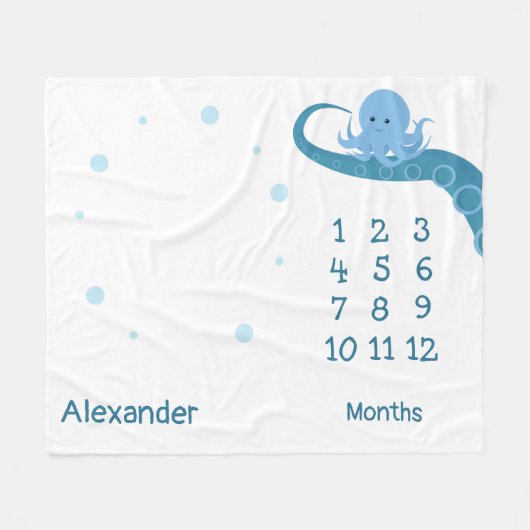 Happy Octopus White Blue Name Tiermeilenstein Fleecedecke (Vorderseite (Horizontal))