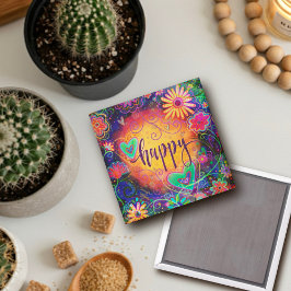 Happy ONE WORD Inspirivity Fun Floral Hearts Magnet