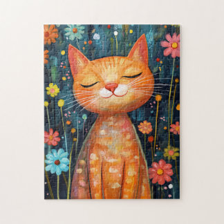 Happy Orange Cat Whimsikale Blume Puzzle