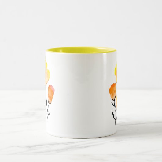 Happy orange und gelbe Blumen Zweifarbige Tasse (Mittel)